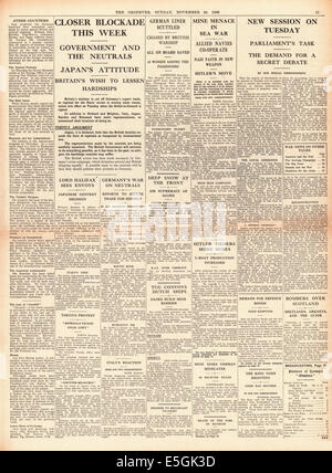 1939 The Observer page 11 reporting Allied sea blockade of Germany, menace of German mines and scuttling of German liner SS Adolph Woermann Stock Photo