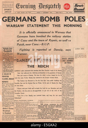 1939 Evening Dispatch (Birmingham) Special Edition front page reporting Germany invades Poland Stock Photo