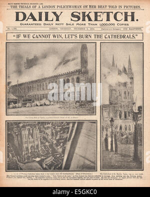 1914 Daily Sketch front page reporting the destruction of buildings in Ypres, Belgium Stock Photo