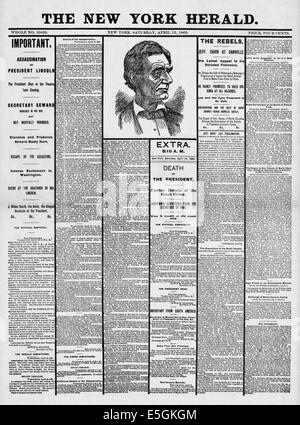 1865 New York Herald Extra front page reporting the Assassination of President Abraham Lincoln by John Wilkes Booth at Ford's Theatre in Washington D.C. Stock Photo