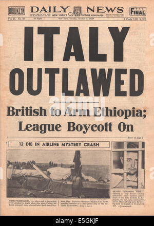 1935 New York Daily News (USA) front page reporting League of Nations condemnation of Italy for its invasion of Ethiopia Stock Photo