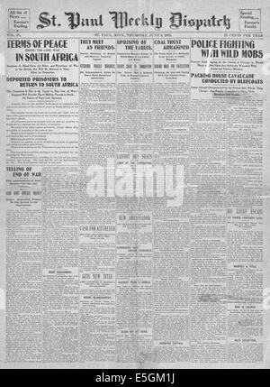 1902 St Paul Weekly Dispatch front page reporting Peace and the end of the Boer War Stock Photo