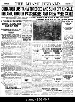 1915 The Miami Herald (USA) front page reporting the sinking of the passenger liner Lusitania by German submarine Stock Photo