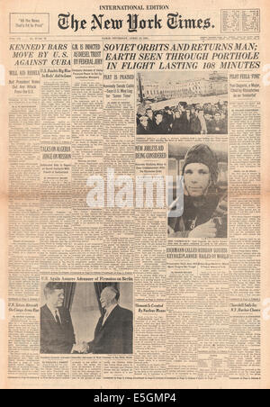 1961 New York Times front page reporting Soviet Cosmonaut Yuri Gagarin is the first man to walk in Space