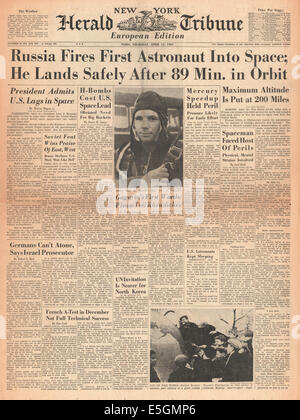 1961 New York Herald Tribune front page reporting Soviet Cosmonaut Yuri Gagarin is the first man to walk in Space