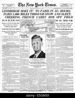 1927 New York Times front page reporting Lindbergh flies solo across Atlantic ocean on world's first non-stop transatlantic flight Stock Photo