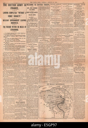 1914 Daily Mail page 5 reporting British expiditionary force lands in France Stock Photo