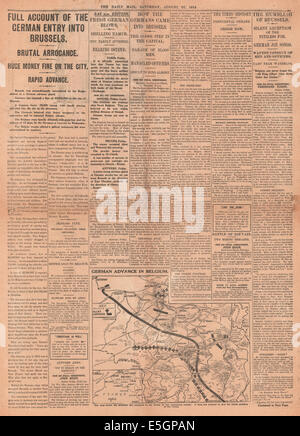 1914 Daily Mail page 4 reporting German army capture Brussels and Belgium army retreat Stock Photo