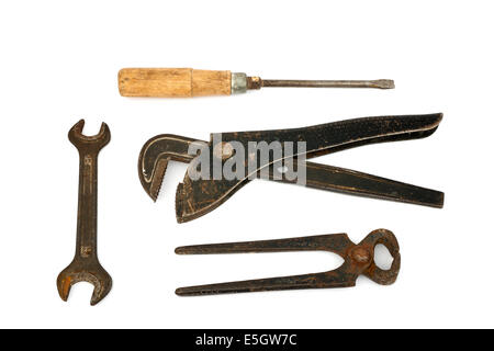 adjustable spanner with old tools  isolated on the white Stock Photo