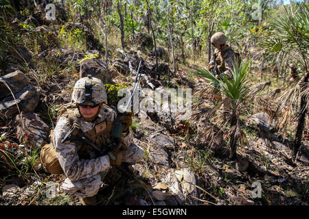 U.S. Marine Corps Sgt. Nicholas Garton, a machine gunner with Bravo Company, 1st Battalion, 5th Marine Regiment, Marine Rotatio Stock Photo