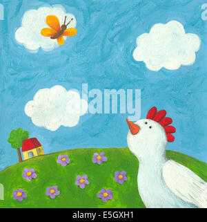 Acrylic illustration of funny hen and butterfly Stock Photo