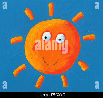 Acrylic illustration of orange Sun on the blue sky Stock Photo