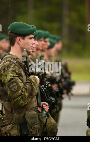 Estonian soldiers stand in formation during a ceremony to welcome U.S. Army paratroopers with Bravo Troop, 1st Squadron, 91st C Stock Photo