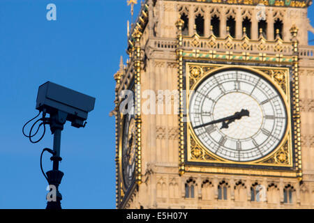 CCTV closed circuit television security surveillance camera next to Big Ben Houses of Parliament London England UK Stock Photo