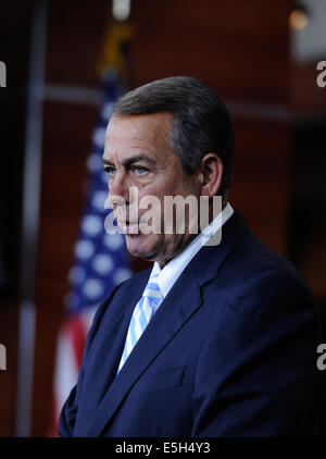 Washington, DC, USA. 31st July, 2014. John Boehner, Speaker of the United States House of Representatives, speaks to media on a news conference on Capitol Hill in Washington, DC, capital of the United States, July 31, 2014. The U.S. House of Representative Speaker John Boehner warned on Thursday that any unilateral actions on immigration reform by U.S. President Obama would risk a 'legacy of lawlessness.' Credit:  Bao Dandan/Xinhua/Alamy Live News Stock Photo