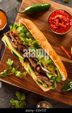 Vietnamese Pork Banh Mi Sandwich with Cilantro and Daikon Stock Photo