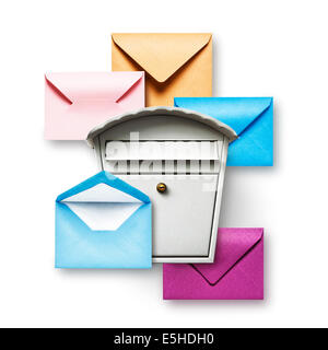 Mailbox and colorful envelopes on white background Stock Photo