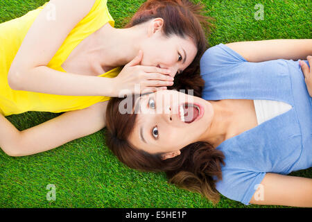 sisters whispering on the meadow and surprised expression Stock Photo