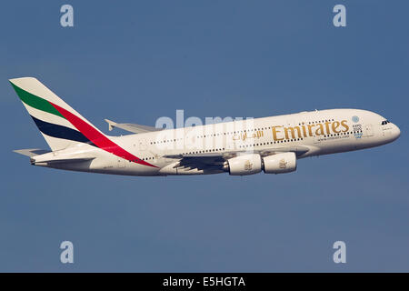 Emirates Airbus A380 departs London Heathrow for Dubai, UAE Stock Photo