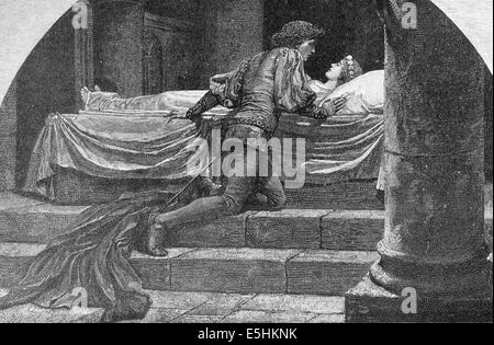 Romeo and Juliet by William Shakespeare written. Act V, Scene III. Juliet's fake death. Engraving. Stock Photo