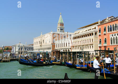 Venice, Italy - August 21, 2012: Doge's Palace, Saint Mark's bell tower and Hotel Danieli view from the lagoon. Stock Photo