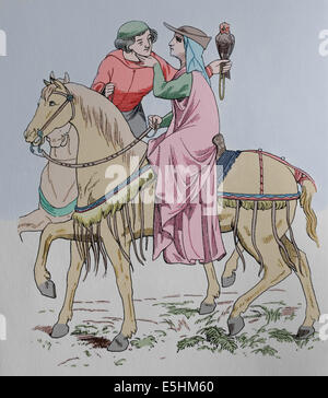 Europe. Hunting couple, early 14th century. Middle Ages. Engraving. 19th century. Later colouration. Stock Photo