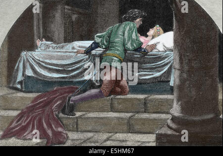 Romeu and Juliet by William Shakespeare written. Act V, Scene III. Juliet's fake death. Engraving,color. Stock Photo