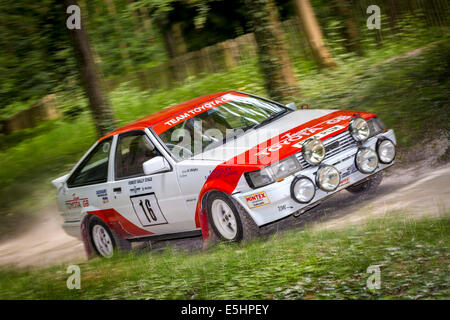 1984 Toyota Corolla 1.6 GT Coupe with driver John Midgley on the rally stage at the 2014 Goodwood Festival of Speed, Sussex, UK. Stock Photo