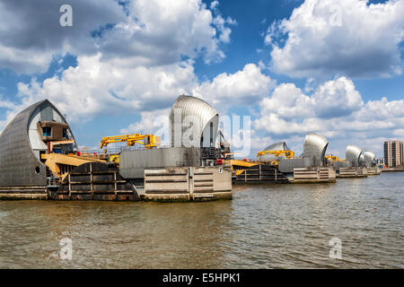 Thames Barrier, London, England. Giant flood defence preventing flood waters, high tides, storms and tidal surges Stock Photo