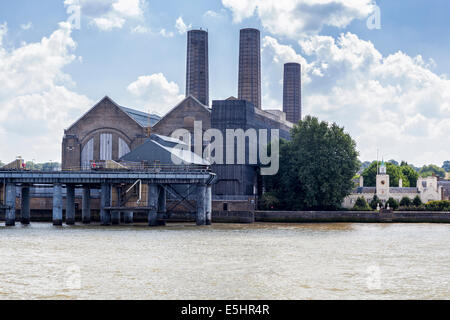 Greenwich Power station and old coal jetty pier on the river Thames, London Borough of Greenwich, South East London, UK Stock Photo