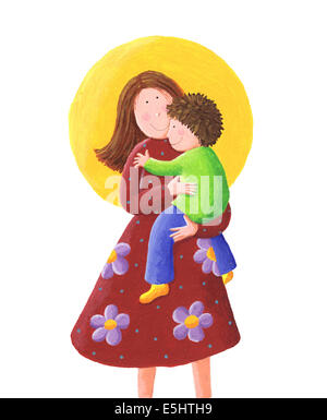 Acrylic illustration of Mum and kid Stock Photo