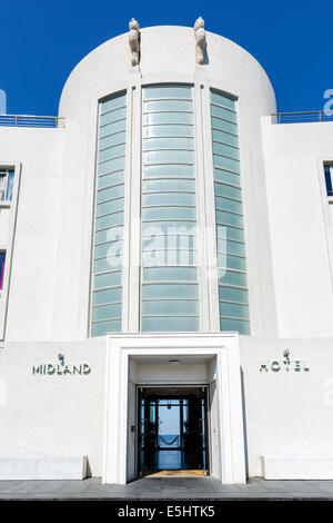 Entrance to the Art Deco Midland Hotel on the promenade in the seaside resort of Morecambe, Lancashire, UK Stock Photo