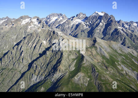 AERIAL VIEW. Mont Pelvoux (elevation: 3946 meters). Les Écrins National Park, Hautes-Alpes, France. Stock Photo