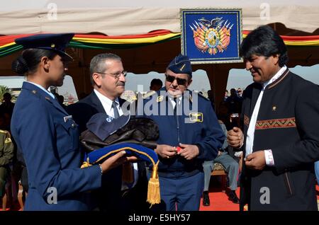 Cochabamba, Bolivia. 1st Aug, 2014. Bolivian President Evo Morales(1st R) attends a delivering ceremony of the first Military Super Puma helicopter for the Bolivian Air Force in Cochabamba, Bolivia, on Aug. 1, 2014. Credit:  Xinhua/Alamy Live News Stock Photo
