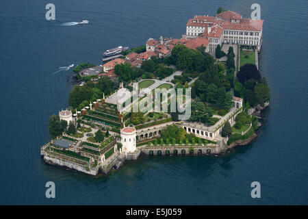 AERIAL VIEW. Isola Bella. Borromean Islands, Lake Maggiore, Province of Verbano-Cusio-Ossala, Piedmont, Italy. Stock Photo