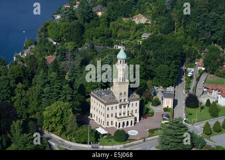 AERIAL VIEW. Luxurious hotel overlooking the idyllic Lake Orta. Villa Crespi, Orta San Giulio, Province of Novara, Piedmont, Italy. Stock Photo