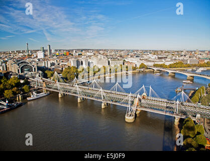 The Hungerford and Golden Jubilee bridges as seen from the London Eye, with Waterloo Bridge in the background, London, England,  Stock Photo