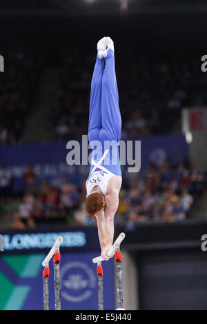 SSE Hydro, Glasgow, Scotland, UK, Friday, 1st August, 2014. Glasgow 2014 Commonwealth Games, Men’s Artistic Gymnastics, Individual Parallel Bars Final. Daniel Purvis, Scotland, Gold Medal winner Stock Photo