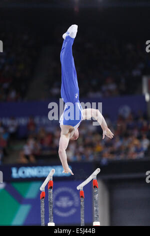 SSE Hydro, Glasgow, Scotland, UK, Friday, 1st August, 2014. Glasgow 2014 Commonwealth Games, Men’s Artistic Gymnastics, Individual Parallel Bars Final. Daniel Purvis, Scotland, Gold Medal winner Stock Photo