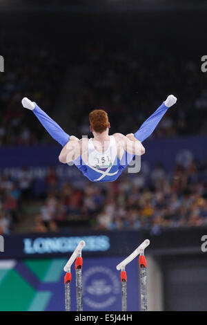 SSE Hydro, Glasgow, Scotland, UK, Friday, 1st August, 2014. Glasgow 2014 Commonwealth Games, Men’s Artistic Gymnastics, Individual Parallel Bars Final. Daniel Purvis, Scotland, Gold Medal winner Stock Photo