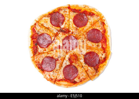 sliced salami pizza isolated on white background