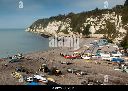 UK England, Devon, Beer, fishing boats and deckchairs on the beach Stock Photo