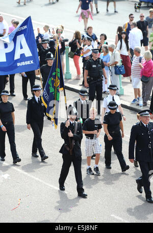 Brighton, Sussex, UK. 2nd Aug, 2014. Members of the police force take part in the annual Brighton Pride Parade starting on the seafront and finishing in Preston Park Stock Photo