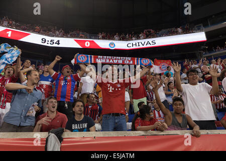 Harrison, NJ - JULY 31, 2014: Fans of FC Bayern Munich celebrate their team winning friendly match against CD Guadalajara Chivas