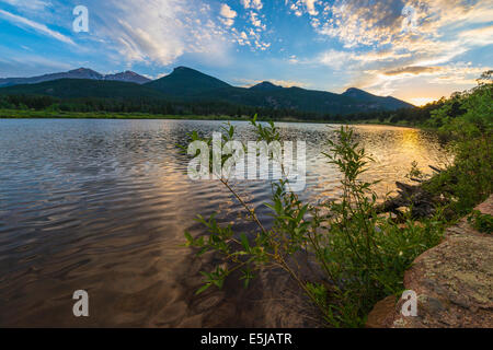 Beautiful sunset sky over Lily Lake - Rocky Mountain National Park Colorado Stock Photo