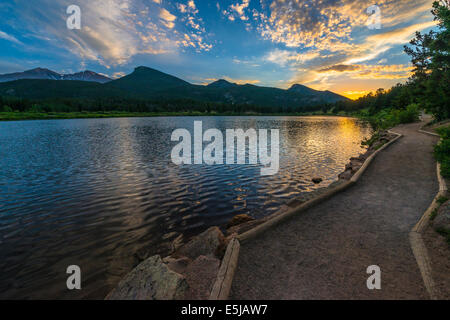 Beautiful sunset sky over Lily Lake - Rocky Mountain National Park Colorado Stock Photo