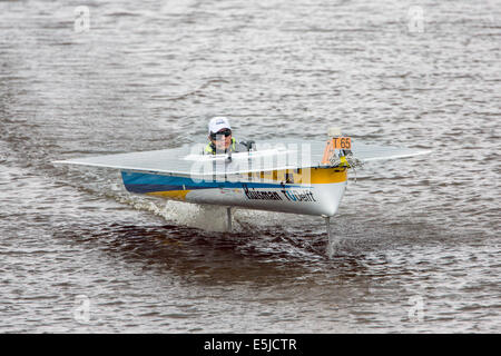 Netherlands, Franeker, DONG Solar Challenge 2014, Race for solar boats. Hydrofoil of University TU Delft Solar Boat Team Stock Photo