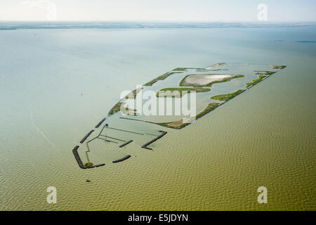 Netherlands, Andijk, Artificial island called De Kreupel, Dutch Forestry Commission. Aerial Stock Photo