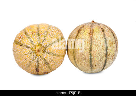 Two whole Galia Charentais Melons isolated on white Background Stock Photo