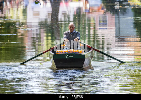 Netherlands, Edam, Cheese market, farmer brings cheese to market in rowing boat Stock Photo